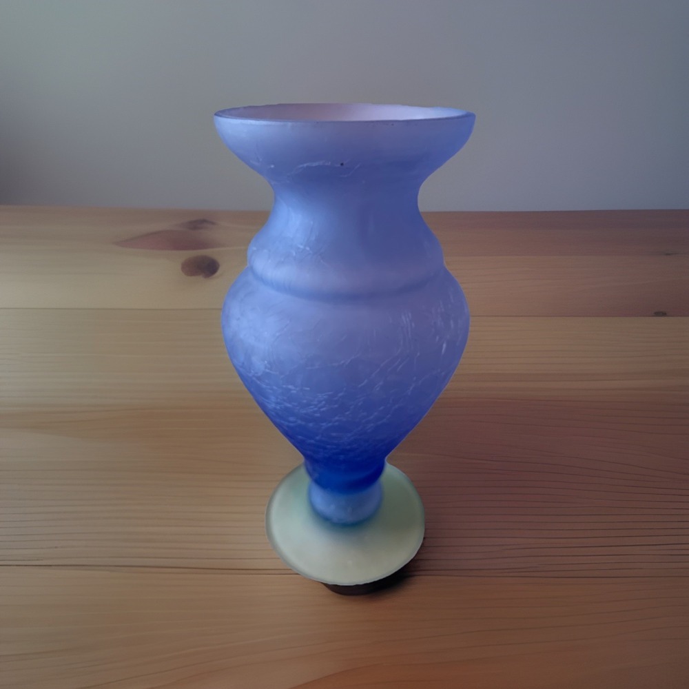 Vintage 1980s Frosted, Crackle Glass Blue Vase with Green Base